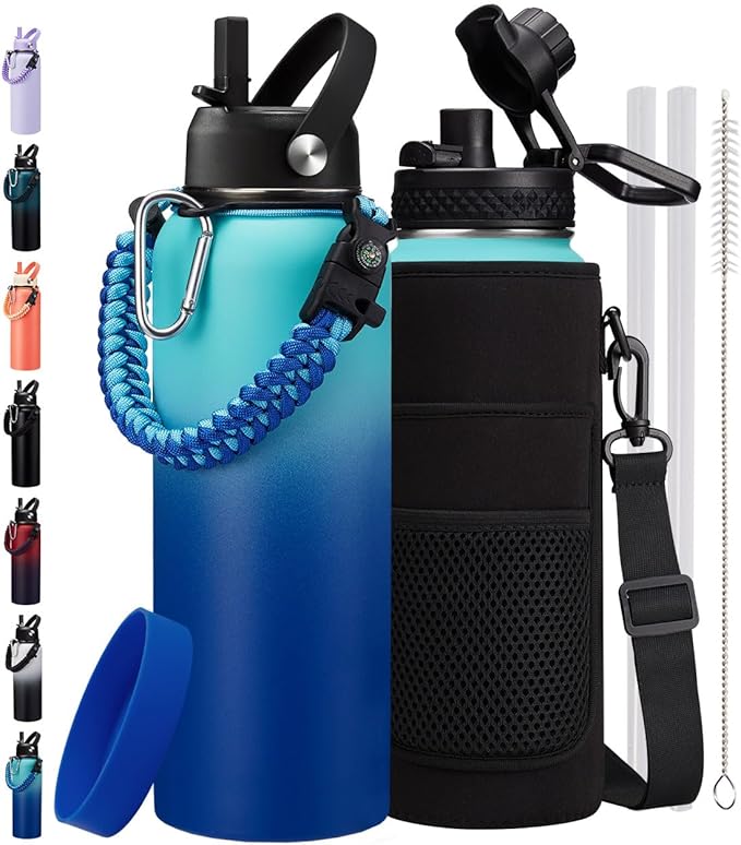 Insulated Water Bottle 40oz - with Straw & Auto Spout Lid, Paracord Handle, Shoulder Carrier Bag,40 oz Hydro Jug Great for Sport Travel Gym Hiking Biking