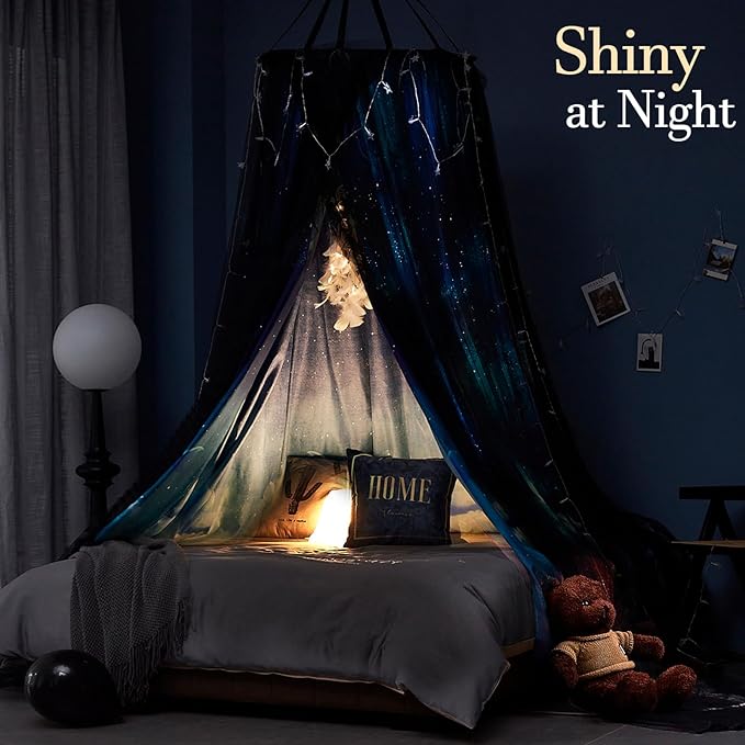 Kertnic Gorgeous Dolphin Printed Bed Canopy for Girls & Adults, Room Decorative Cozy Bed Curtain Canopy Drapes, Round Dome Luxurious Lace Princess Canopies Mosquito Netting (Dolphin)