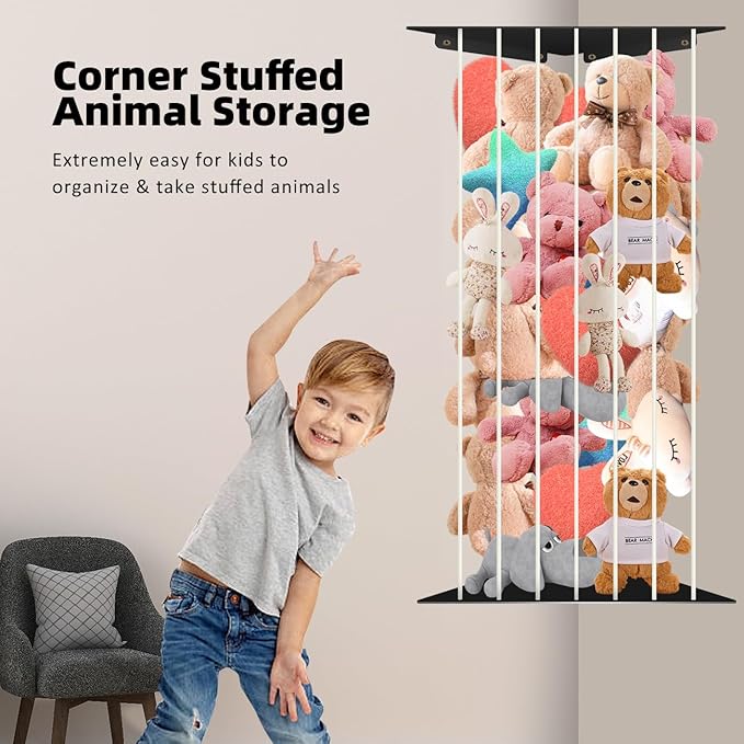 Toy Storage Organizer Corner Stuffed Animal Plush Toy Storage Kids Room Holder with Length Adjustable Large Toys Wall Hanging Shelf for Nursery Playroom Bedroom Sturdy Metal Black