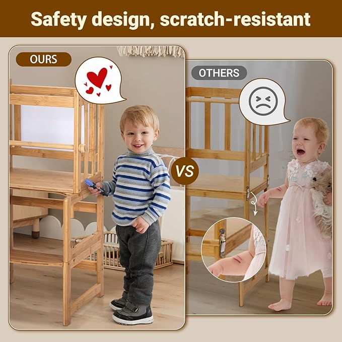 COSYLAND 3-in-1 Multifunctional Toddler Standing Tower, Kids Kitchen Step Stool with Whiteboard, Desk Table and Chair, Enjoys Unique Patented Design,FSC,CPC,SOR,CE Natural