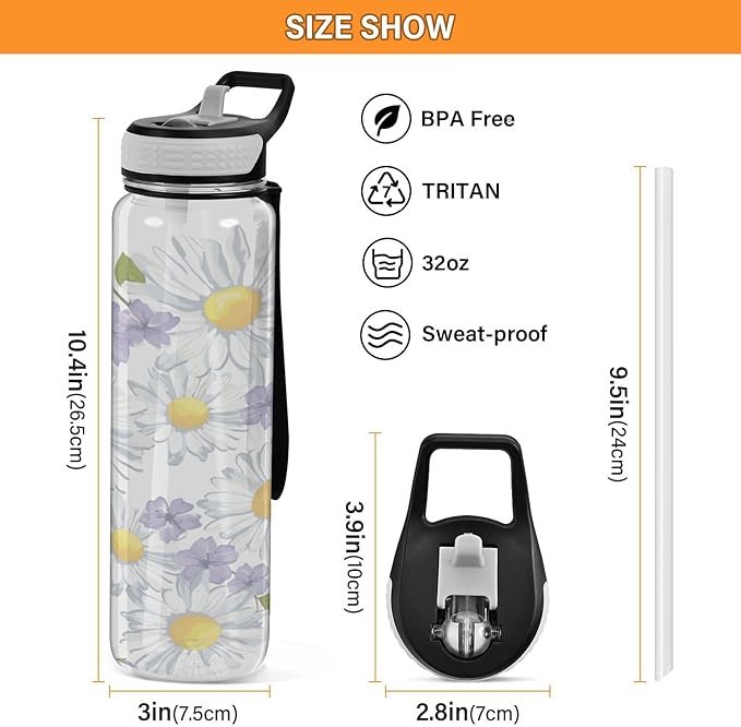 Kigai Daisy Flower Clear Water Bottle with Straw Lid, BPA-Free Leakproof Sport Water Bottle 32oz Large Gym Water Jug for Men Women Travel Fitness Outdoor