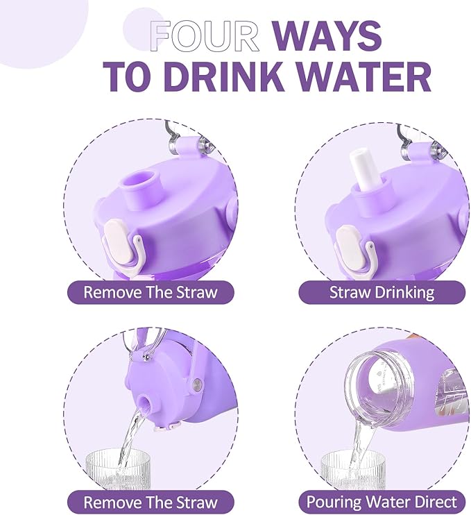 kytffu 56oz Glass Water Bottles with Straw, Motivational Glass Bottle with Silicone Sleeve and Time Marker, Leakproof Large Glass Water Jug for Gym Home Office,Purple