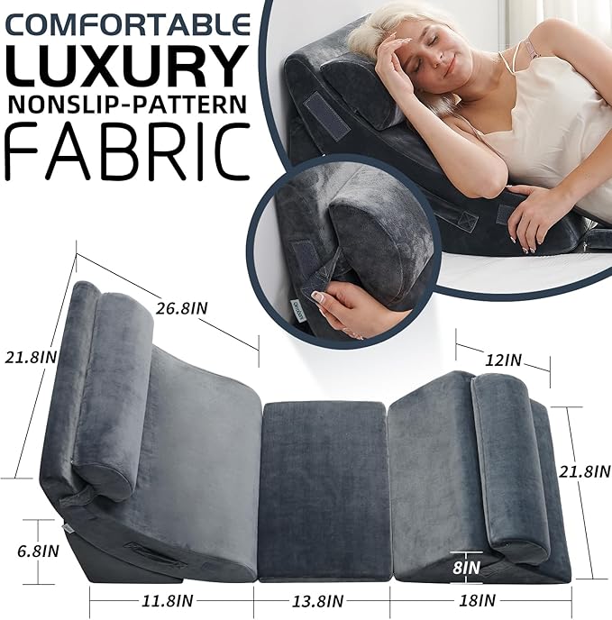 Qirroboni 6PCS Orthopedic Bed Wedge Pillow Set, Adjustable Pillows for Neck Back and Leg Pain Relief Comfortable & Post Surgery Foam- Heartburn Anti Snoring Acid Reflux & GERD Sleeping Charcoal Grey