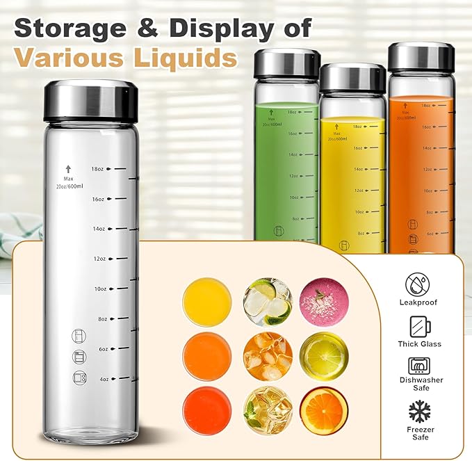SIEROZUR Juice Bottles - 4 Pack Wide Mouth Glass Bottles with Lids - for Juicing, Smoothies, Infused Water, Beverage Storage - 20oz, BPA Free, Stainless Steel Lids, Leakproof, Reusable, Borosilicate