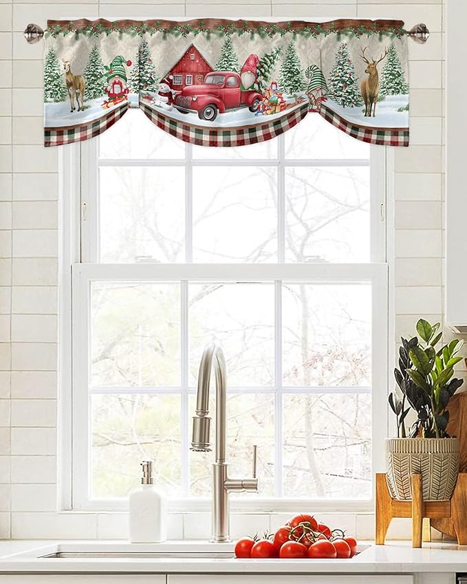 Christmas Farmhouse Blackout Tie Up Valance Curtains for Kitchen Windows Red Truck Gnomes Window Toppers Balloon Shades for Living Room/Bathroom/Bedroom,1 Panel,42" X 18" Winter Holiday Snowman