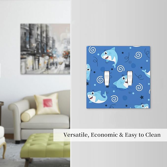 Cute Sharks Cartoon Double Toggle Light Switch Covers 2 Gang Wall Plate Dual Decorative Switchplate Electrical Faceplate for Bathroom Country Kitchen Bedroom Decor, 4.9" x 5"