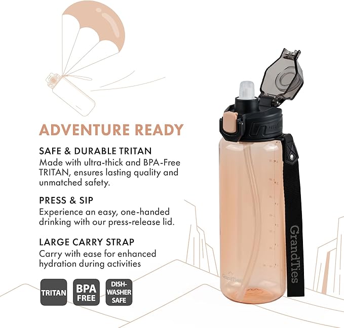 GRANDTIES Sports Tritan Plastic Water Bottle with Straw, Removable – Leakproof BPA Free Dishwasher Safe Travel Water Bottle with Strap for Gym, Outdoor, Fitness (Peach Creme, 28oz (800mL))