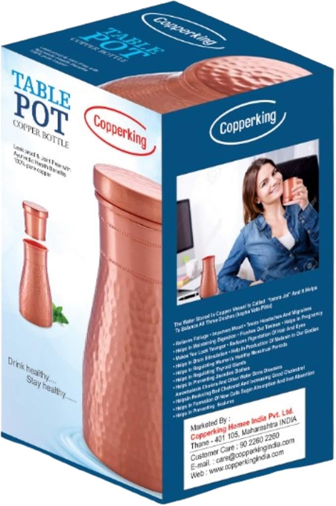 Pure Copper Hammered Pitcher with Inbuilt Tumbler | Ayurvedic Solid Copper Water Bottle Drinking Jar with Cup Galss | Best Use Carafe for Office, Bedroom, Dining Table Pot 37oz / 1100 ML / 1.1 Liter