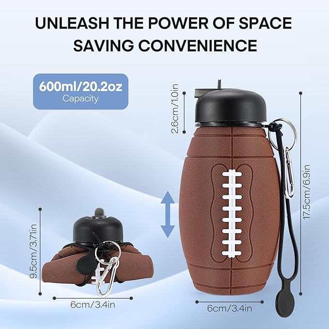 Kids Sports Collapsible Water Bottle | Ball Shaped Drinking Cup | Foldable BPA Free Leakproof Lightweight Silicon Jug | School Lunch Mug Team Gift Travel (American Football 600ml/20.3oz)