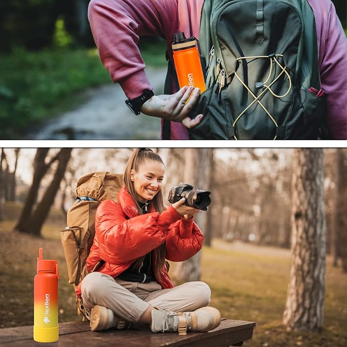 Water Bottle 22oz, Triple Walled Insulated Stainless Steel Reusable Bottle, Silicone Sleeve, Cleaning Brush, 2 Lids (Spout lid & Straw lid w/2 straw), Metal Mug Gallon, BPA Free, Sunset