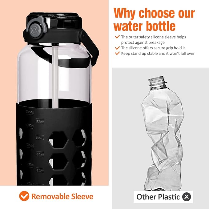 MUKOKO 56oz Glass Water Bottles with Straw and Lid,Motivational Water Jug with Time Marker Reminder and Silicone Sleeve,100% Leakproof BPA Free Fitness Sports Large Bottle-Black