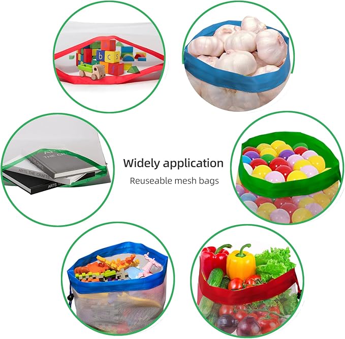 Toy Storage Bags, 10Pcs Reusable Mesh Bags and 2Pcs Large Clear Toy Storage Bags with Drawstring, Toy Organizer Bags for Kids Puzzle Building Blocks Balls and Dolls, Produce Bags for Fruits, Vegetable