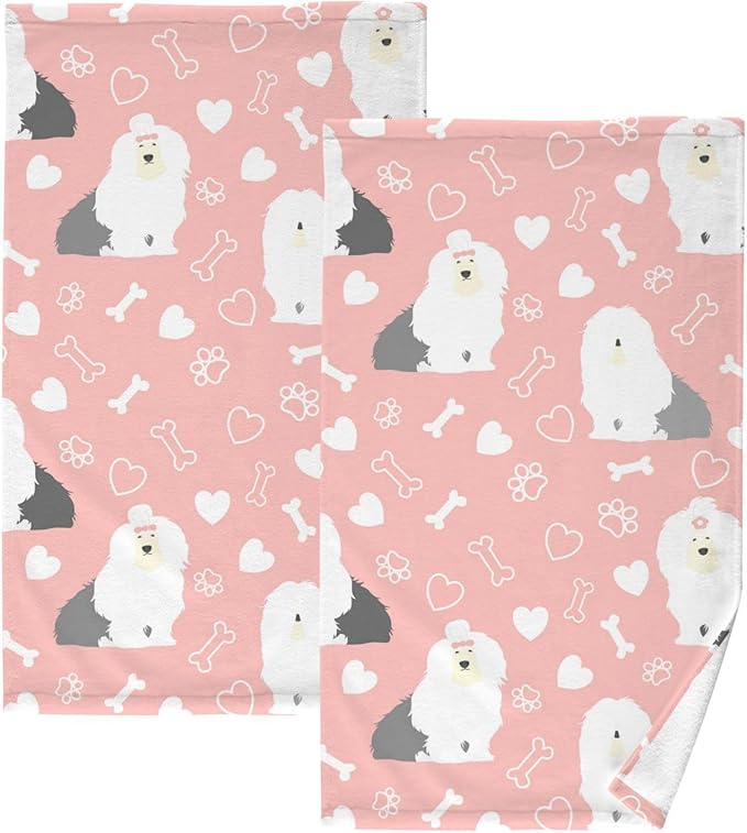 Pink Old English Sheepdog Bath Hand Towel Soft Cotton Highly Absorbent Fingertip Towels for Bathroom Beach Kitchen Sports Gym Yoga Travel (2-Pieces Towel Sets, 28x16 inch)