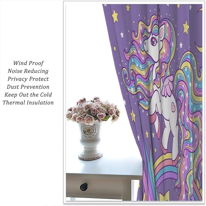 Unicorn Curtains Fantasy Star Moon Cartoon Theme Curtains Cute White Unicorn Rainbow Design Printed Curtains Boys Girls Room Curtains 42x54 Inch 2 Panels