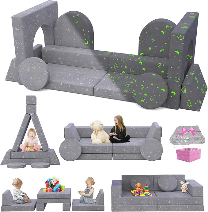 Kids Couch, 12PCS Modular Kids Play Couch with Blanket, Kids Sofa Couch with Glow Effects for Playroom & Indoor, Convertible Toddler Couch for Girls and Boys