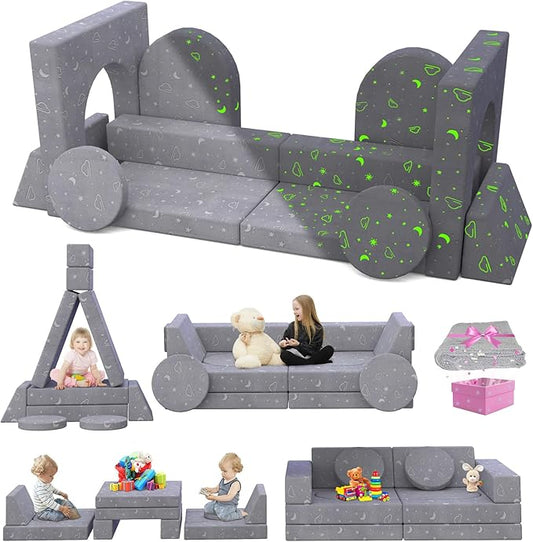 Kids Couch, 12PCS Modular Kids Play Couch with Blanket, Kids Sofa Couch with Glow Effects for Playroom & Indoor, Convertible Toddler Couch for Girls and Boys