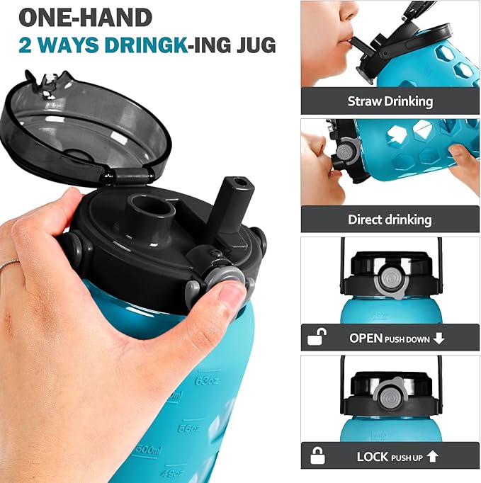 MUKOKO Half Gallon/64 oz Glass Water Bottles with Straw and Lid,Motivational Water Jug with Time Marker Reminder and Silicone Sleeve,100% Leakproof BPA Free Fitness Sports Large Bottle-Teal