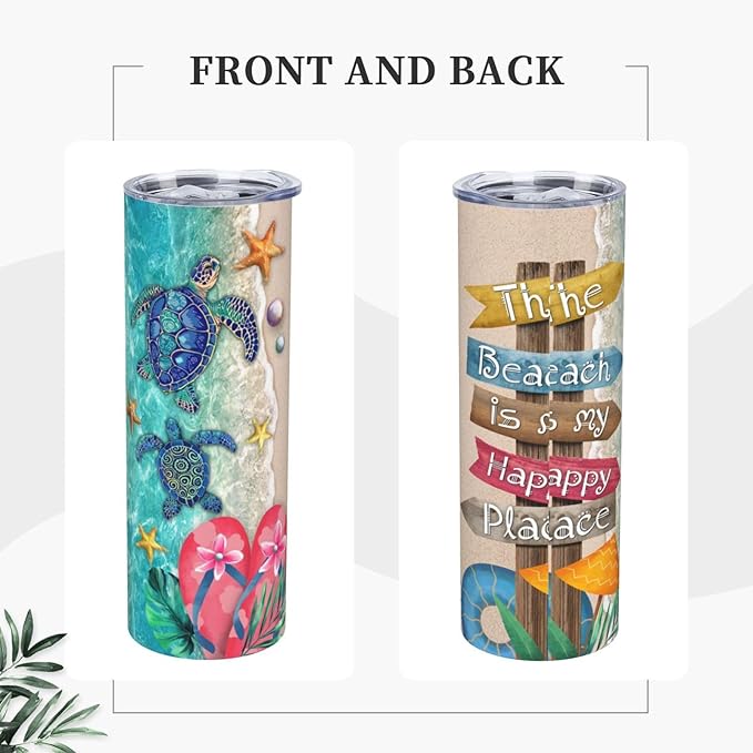 Beach Tumbler Summer Tumbler Vacation Travel Mug Travel Cup Vacation Tumbler Gifts The Beach Is My Happy Place Trip Cup Beach Cup Cruise Tumbler Funny Insulated Tumbler With Straw 20oz Stainless Gifts