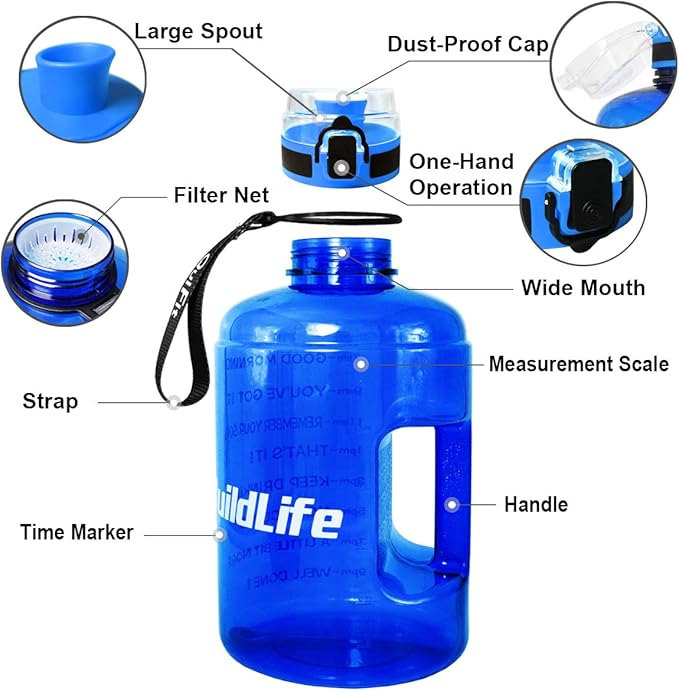 QuiFit 1 Gallon Water Bottle - 128 oz Water Bottle with Times to Drink - BPA Free Motivational Water Bottle with Infuser - Large Water Bottle - Sports Water Bottle 1 Gallon in Gym(Blue, 1 Gallon)