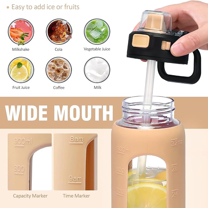 Kodrine Water Bottle with Soft Straw and Carry Loop, 32 oz Glass Water Bottle with Locking Lid, Clear Water Bottles Sports, Drinking Bottle for Travel Home Gym, Leakproof(Amber)