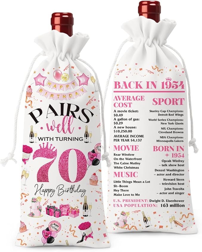 70th Birthday Gifts for Women Men Wine Bag, 70 Year Old Birthday Gifts for Woman Man, 70th Birthday Party Decorations Men for Women, Pairs Well with Turning 70 Wine Bags (White Pink)