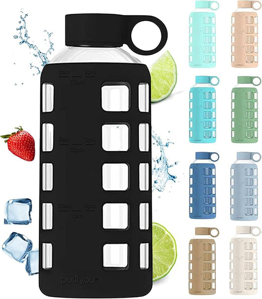purifyou Premium 40/32 / 22/12 oz Glass Water Bottles with Volume & Times to Drink, Silicone Sleeve & Stainless Steel Lid Insert, Reusable Bottle for Fridge Water, Milk, Juice (22oz Jet Black)