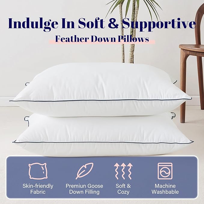 Cosybay Goose Feather and Down Bed Pillow, Premium Medium White Pillow Inserts for Sleeping, Luxury Bedding Pillows for Side and Back Sleepers, King Size, 20x36 Inches, 2 Pack