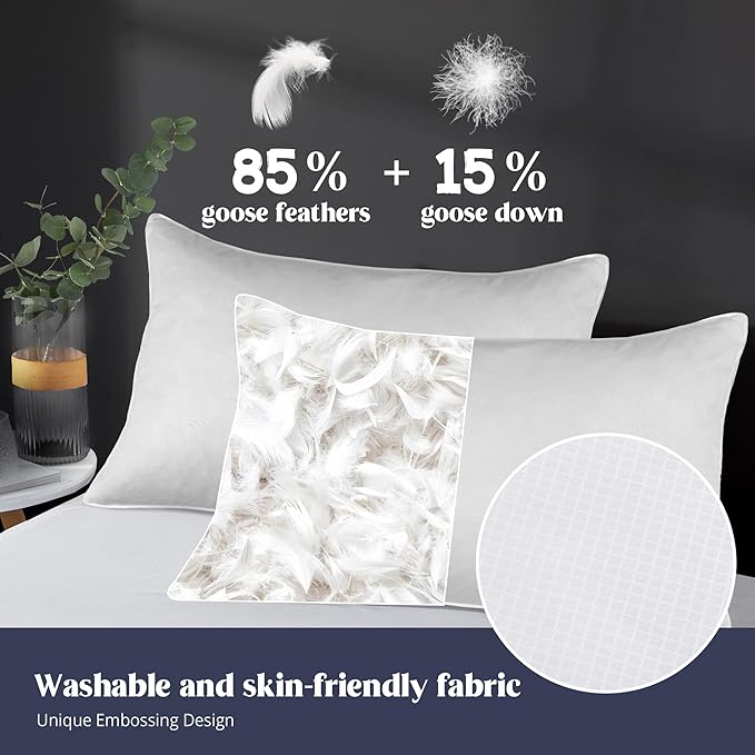 puredown® Soft Bed Pillows for Sleeping, Goose Feather Down Pillows Hotel Collection King Size of 2, Geometric Pattern Embossing Pillows for Back Stomach Side Sleepers (20 x 36, 2 Pack)