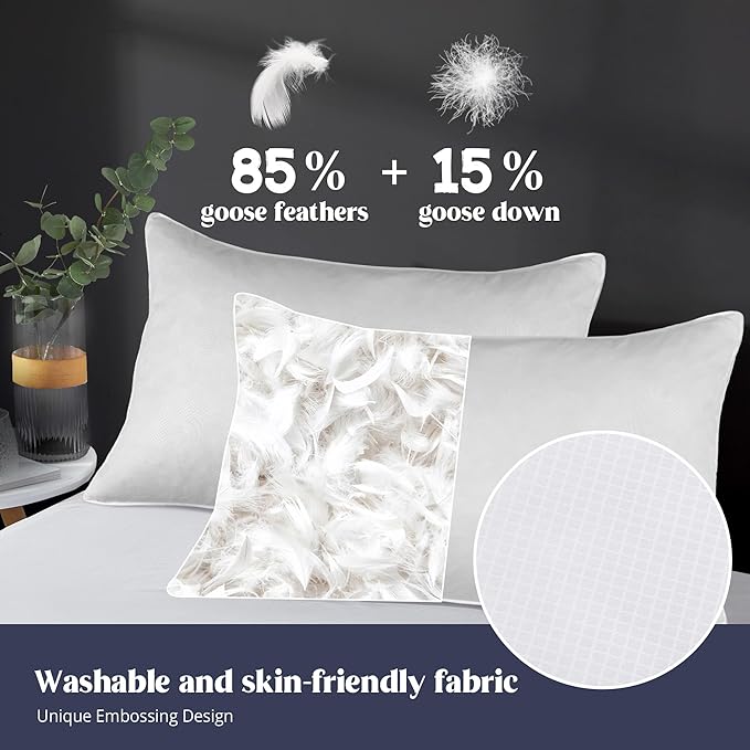 puredown® Soft Bed Pillows for Sleeping, Goose Feather Down Pillows Hotel Collection Queen Size of 2, Geometric Pattern Embossing Pillows for Back Stomach Side Sleepers (20 x 30, 2 Pack)