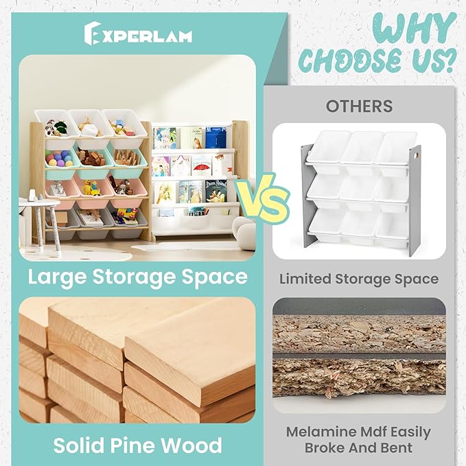 Kids Toy Storage Organizer - Toy Organizer with Kids Bookshelf, Toy Storage with 12 Toy Multi-color Bins and 4 Book Shelves, Toy Organizers and Storage for Playroom, Nursery, Kids Room, Burlywood