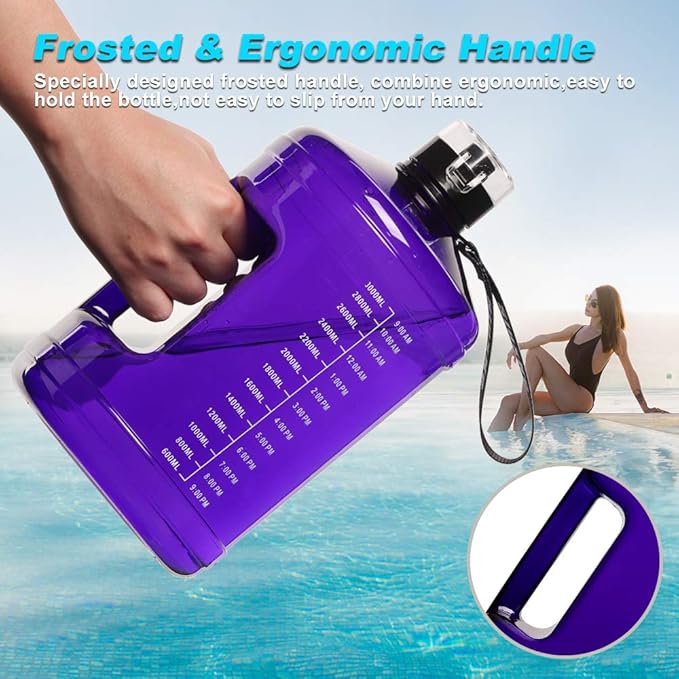 Gallon Big Water Bottle with Handle, 128oz Leakproof BPA Free Fitness Sports Water Bottle with Motivational Time Marker & Wide Mouth Ensure You Drink More Water