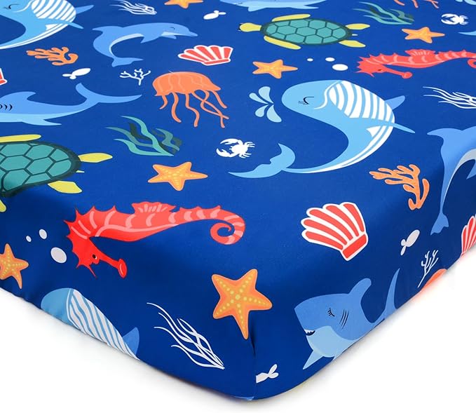 JISEN Baby Crib Sheets Soft Breathable Fitted Crib Sheets Baby Sheet for Standard Crib and Toddler Mattress Baby Bed Sheets for Crib for Baby Boys Girls Neutral 52x28 Inch Whales