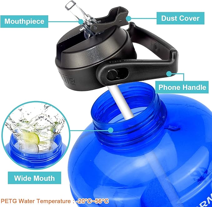 QuiFit 1 Gallon Water Bottle - with Straw & Motivational Time Marker Leak-Proof BPA Free Reusable Gym Sports Outdoor Large(128OZ) Capacity Water Jug(Blue,1 Gallon)
