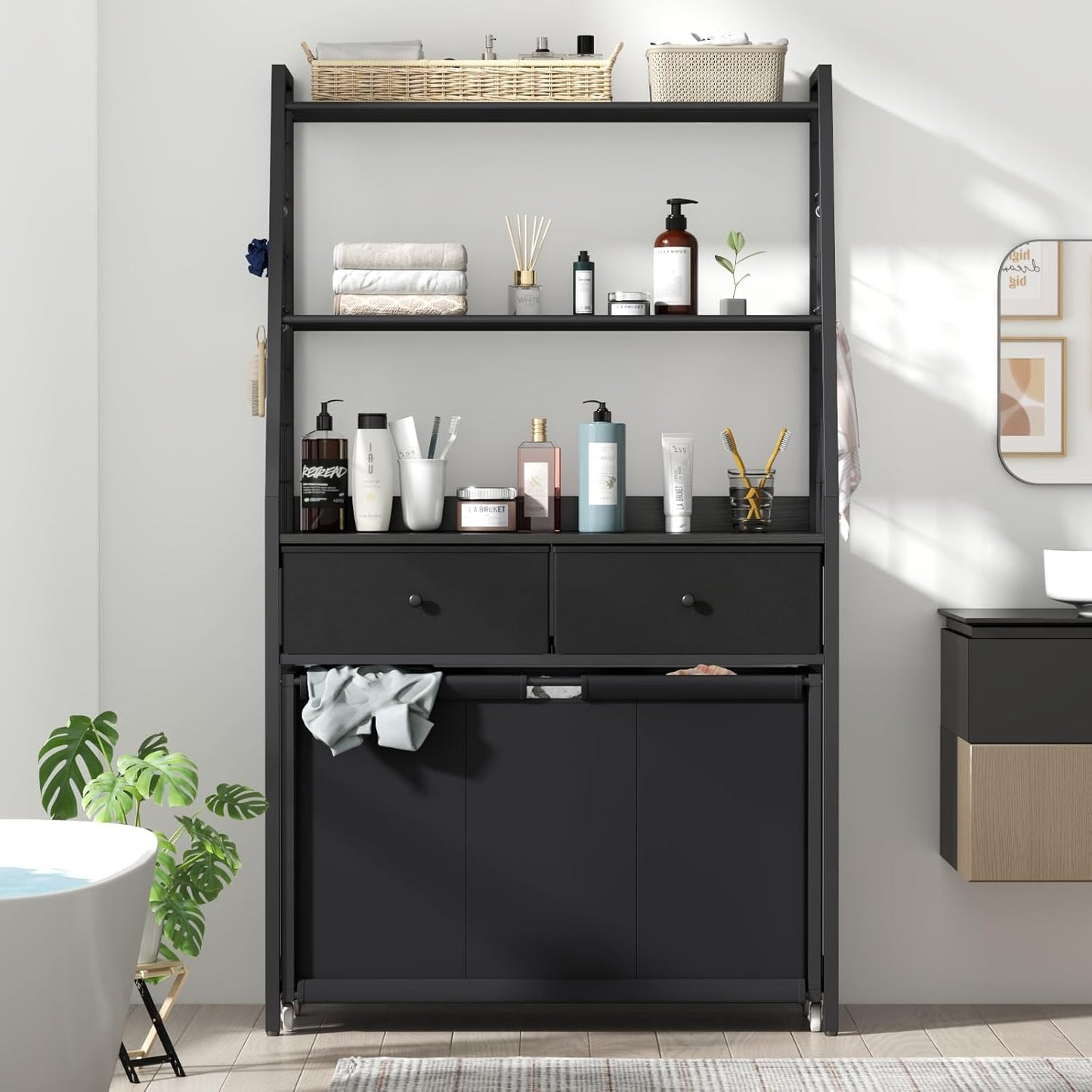 Laundry Hamper Laundry Basket with 3 Section Pull-Out Rolling Bags & 2-Tier Storage Shelf, Laundry Sorter for Organization and Storage with 2 Drawers for Laundry Room, Bathroom