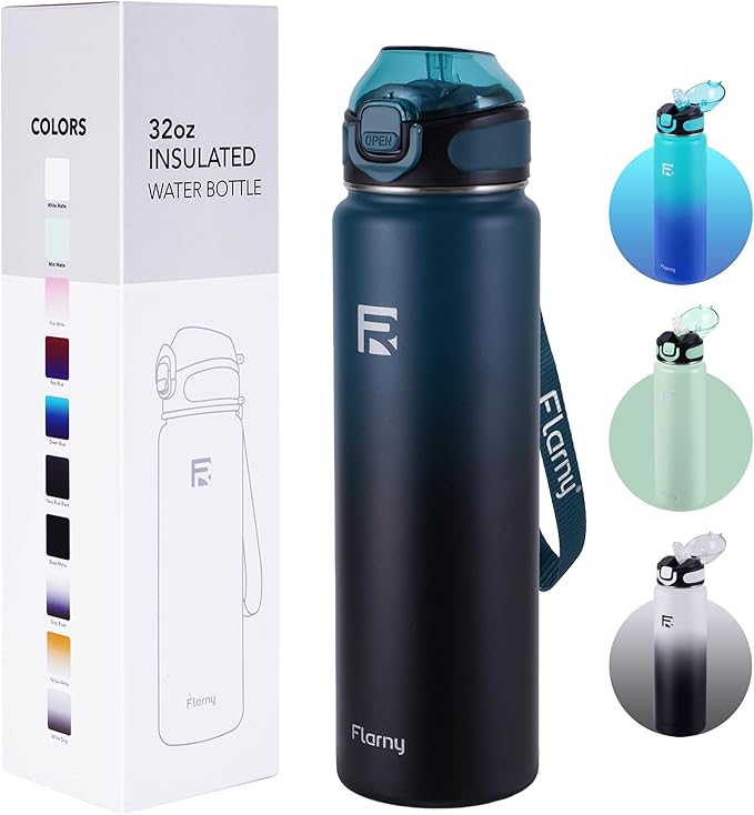 32 oz Insulated Water Bottle with Straw, Stainless Steel Metal Thermos Bottles, Durable Non-Slip Gradient Bottle with Strap for Sports and Travel, Leak Proof (Navy Blue Black)