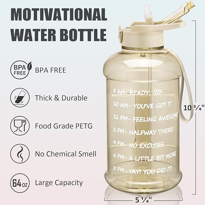 Fimibuke Half Gallon Water Bottle with Sleeve 64 OZ Water Bottle with Handle & Straw Leakproof Motivational Sports Gym Water Bottle with Time Marker BPA Free Water Jug with Reusable Neoprene Holder