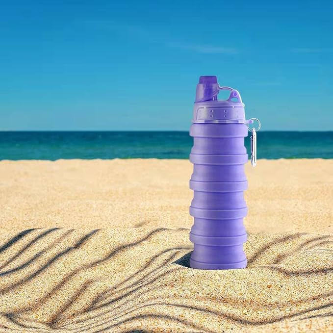 Collapsible Water Bottle Travel Water Bottle Portable Hiking Water Bottle with Leak proof Twist Cap 500ML Reusable BPA Free Silicone Water Bottles (Style1, Purple)