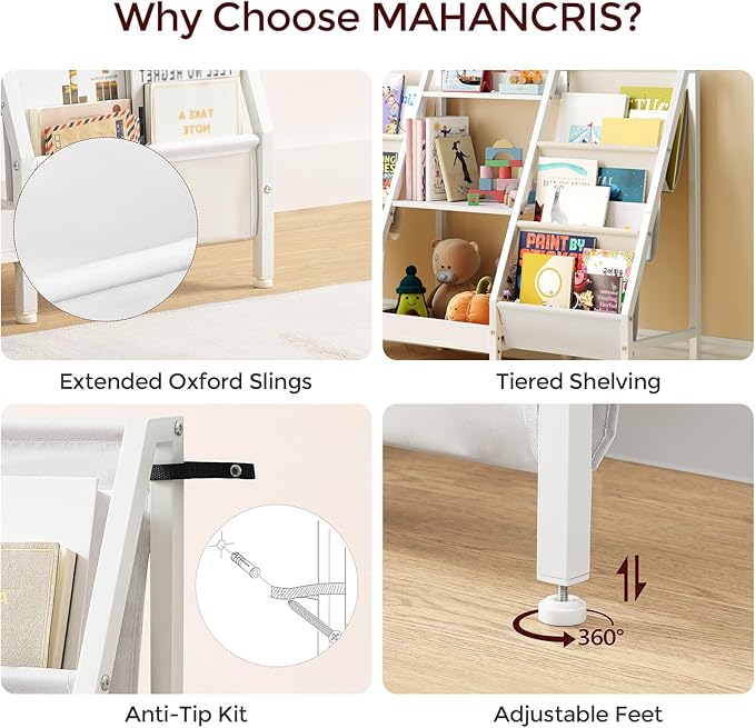 Kids Bookshelf and Toy Organizer, 3-Tier Kids Bookcase, Kids Sling Bookshelf, Toddler Toy Storage Organizer with Bookshelf, for Kids Room, Playroom, Bedroom, Nursery, White BKWT34201