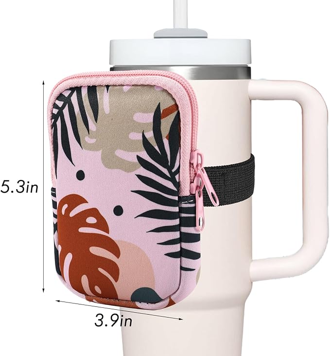 Water Bottle Pouch Cup Accessories for Women Quencher Adventure IceFlow 20oz 30oz 40oz Tumbler Pouch with Handle Running Pouch Bag for Cards Keys(Khaki Leaf)