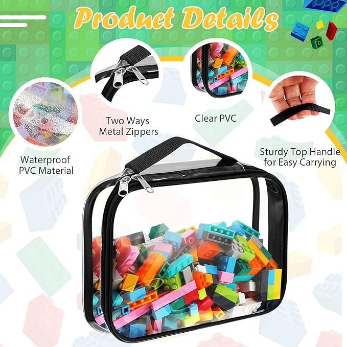 Sanwuta 3 Packs Toy Storage Bags with Zipper, Clear PVC Organizing Bags, Waterproof Toy Bags for Board Games, Building Blocks, Toys and Kids Books (Black,3 Sizes)
