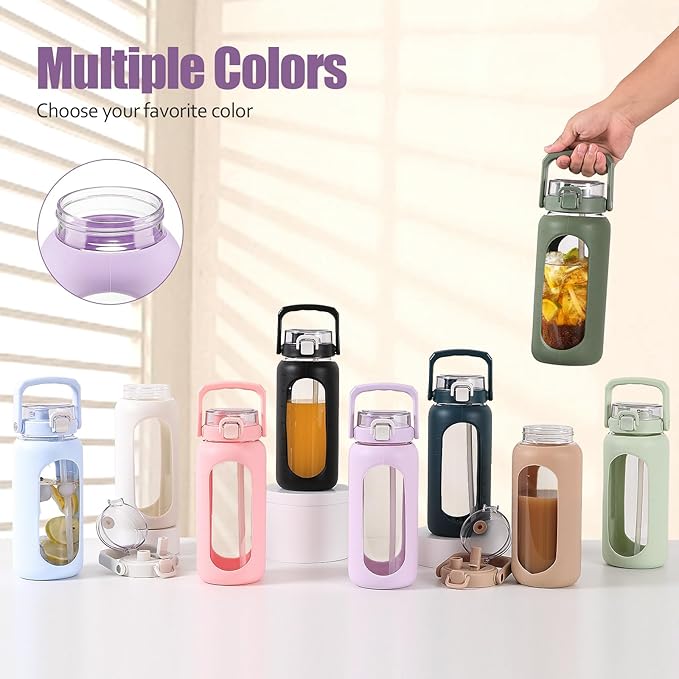 BLUEGO 64oz Glass Water Bottle with Handle and Straw, Motivational Sports Water Bottle with Time Marker and Silicone Sleeve Leakproof Drinking Bottle for Travel Gym Workout, Purple