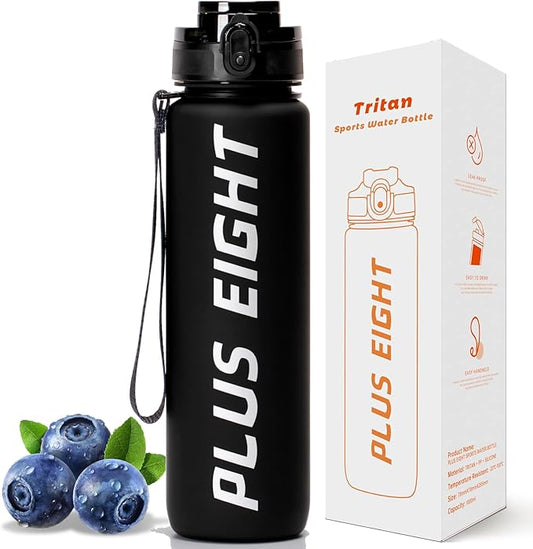 Sports Water Bottle, 32 oz Motivational Water Bottles with Time Marker to Drink, Leak-Proof Tritan BPA-Free with Carrying Strap for Women Men Gym Fitness Outdoor (Black Matte)