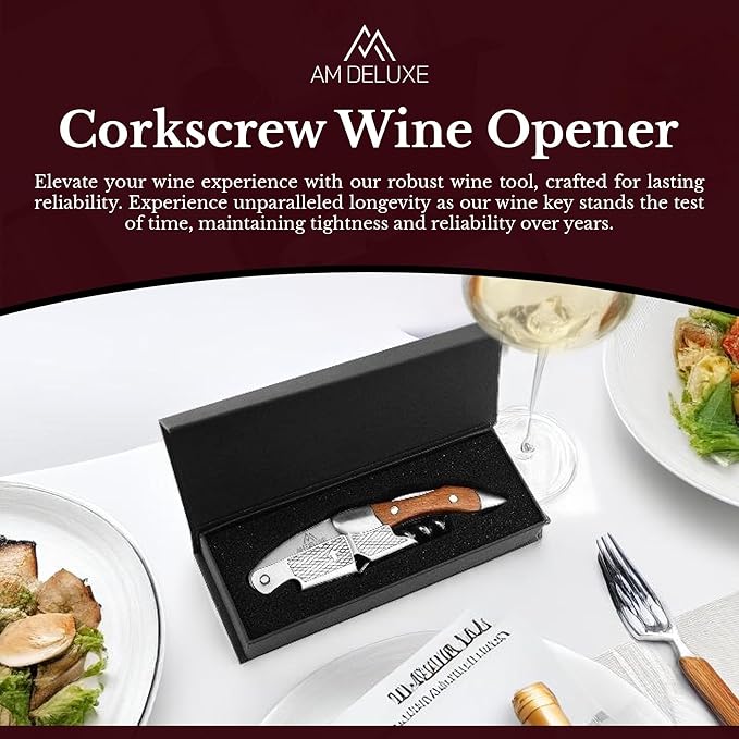 Premium AM DELUXE Waiter Corkscrew Wine Opener - Wine Key For Servers Bartenders, Heavy Duty Stainless Steel With Rosewood Inlay, Serrated Foil Cutter, Cork Screw Wine Bottle Opener, Magnetic Gift Box
