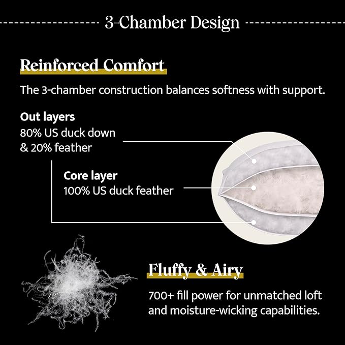 Double Stitch Luxury US White Down Pillow - Made in Canada, 400 Thread Count 100% Cotton Shell, Firm 700 Fill Power Down Bed Pillow, Soft Sleeping Pillow 3-Chamber, Queen(20" x 30")