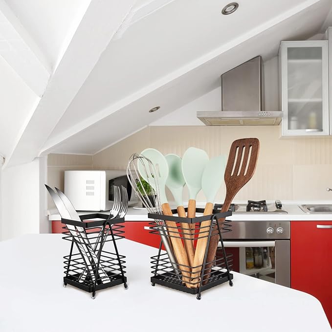 RedCall Utensil Holder for Kitchen Counter,Rectangular Matte Black Spoon Spatula Holder,Metal Steel Wire Cooking Utensil Crock Caddy Organizers,Elegant kitchen utensil holder for countertop (2 Pack)