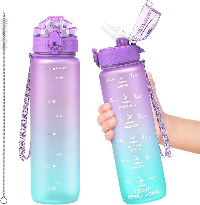 OLDLEY Kids Water Bottle for School, 17 oz (Straw Lid) BPA-Free Reusable Leak-proof Durable Tritan Plastic Water Bottles with One-handed Opening Straw Lids, Anti-dust Spout Cover (Macaroon)