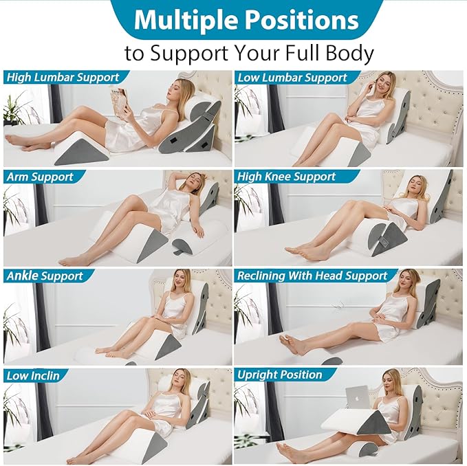 4pcs Wedge Pillow Headboard Set. Comfortable Sleep and Rest Relieves Back and Leg Pain, Aids in Acid and Gastro-Oesophageal Reflux Relief, Reduces Snoring - White