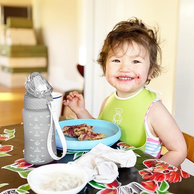 OLDLEY Kids Water Bottle for School, 12 oz (2 lids) BPA-Free Reusable Leak-proof Durable Tritan Plastic Water Bottles with Straw & Chug Lids, Anti-dust Spout Cover (Grey)