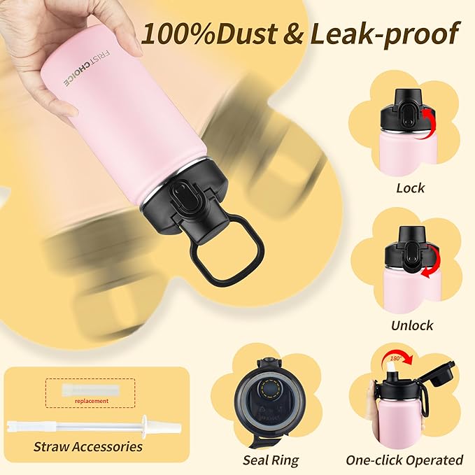 Kids Insulated Water Bottle with Straw,14oz Stainless Steel Water Bottle,BPA-free and Leak-proof,Double Wall Vacuum Water Flask for School,Gifts for Boys and Girls（14oz,Pink）