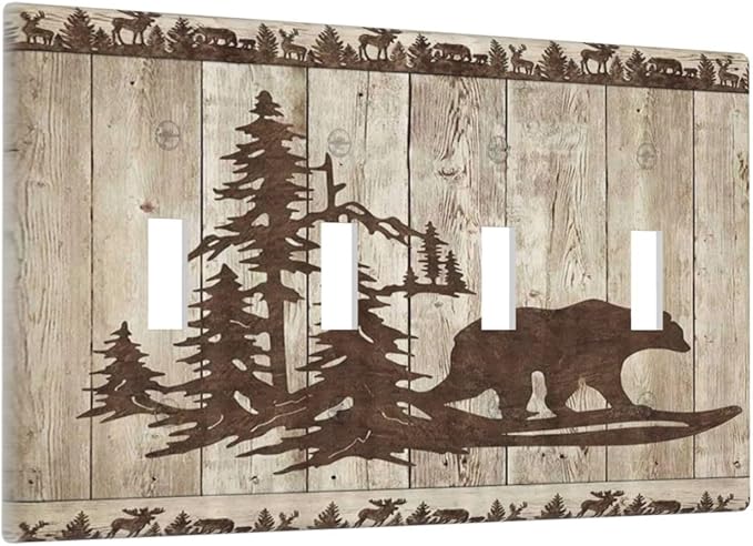 Rustic Wood Bear Forest Quad Toggle Light Switch Cover Decorative Vintage Antique Cabin 4 Gang Wall Plate Electrical Faceplate Switchplate for Farmhouse Bathroom Bedroom Living Room Decor